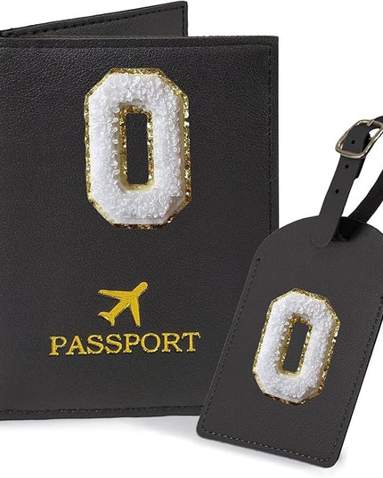 COSHAYSOO Black Passport Cover and Luggage Tag Set TSA Approved with Her Initial Chenille Letter Patch, Trendy Traveling Bag Backpack Suitcase Identifier Christmas Gifts for Women Girls (O)