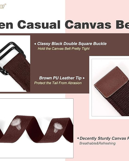 JASGOOD Men Canvas Fabric Belts Casual Web Cloth Belts with Black Double Ring Buckle 2 Pack