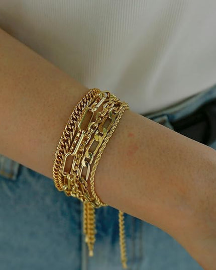 Waterproof Gold Chain Bracelet For Women Non Tarnish,14K Gold Plated Link Dainty Bracelets Stake Layered Bracelet Set Hypoallergen Gold Jewelry