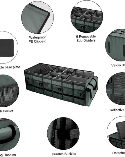 Car Trunk Organizer and Storage with Removable Leakproof Cooler Bag, 6 Removable Dividers for Custom Space, Collapsible Trunk Storage with Non Slip Bottom, Foldable Cover for SUV, Jeep, MPVs