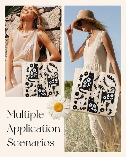 Embroidery Canvas Tote Bag for Women - Reusable Totes with Pocket & Buckle Aesthetic Cute Grocery Shoulder Bag