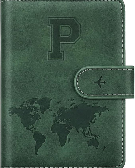 Personalized P Passport Holder Cover Initial Letter Travel Wallet RFID Blocking Passport Cover Credit Card Holder Case Passport Book Holders for Women and Men, Pine Green-P