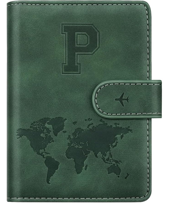 Personalized P Passport Holder Cover Initial Letter Travel Wallet RFID Blocking Passport Cover Credit Card Holder Case Passport Book Holders for Women and Men, Pine Green-P