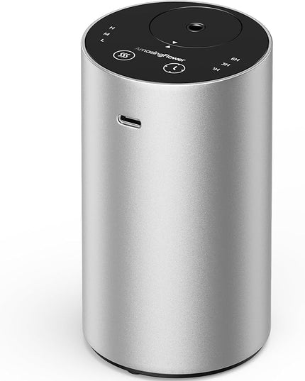 Waterless Essential Oil Diffuser, Rechargeable Scent Diffusers with 3 Mist Levels & Timers, Portable Aromatherapy Diffuser for Home Car Room Studio Office, Silver Metal