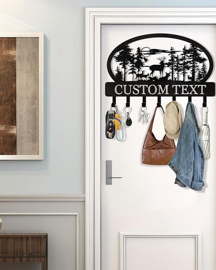 KAINSY Personalized Key Holder for Wall, Custom Name Deer Key Holder Wall Mount, Metal Cabin Key Coat Rack, Wall Key Hooks Organizer Key Hanger for Kitchen, Doorway, Hallway, Office, Home Decor Gifts