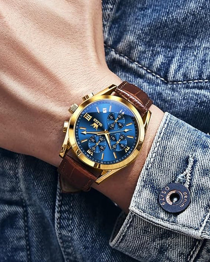 OLEVS Men's Watches Leather Strap Analog Quartz Watch, Fashion Big Dial Date Waterproof Watch, Dress Luxury Luminous Men Watches