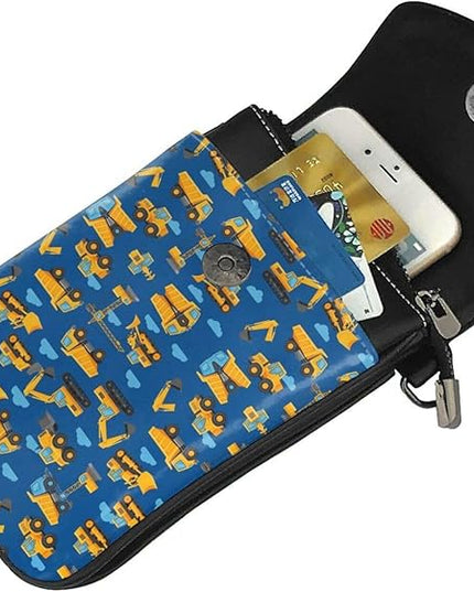 Women Ladies Girls Roomy Pockets Cell Phone Shoulder Bag Crossbody Bag Credit Card Stash Money Carrier, Water Resistant, Yoga Riding Bag, Construction Bulldozer Excavator Navy Blue