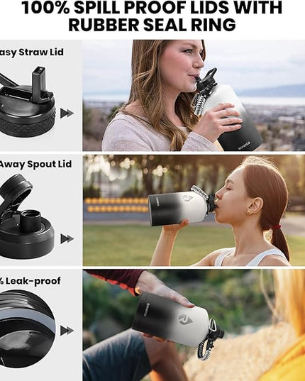 One Gallon Water Bottle Insulated, Triple Walled Vacuum Stainless Steel (Cold for 48 Hrs), Leak Proof & Non-BPA, Large Water Flask Jug with Paracord Handle & Straw Spout Lids