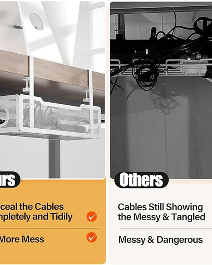 4 Pack Under Desk Cable Management Box White, Cinati 53.6" Wire Organizers No Drill, Cord Organization Tray with Clamp for Office, Home - No Damage to Desk