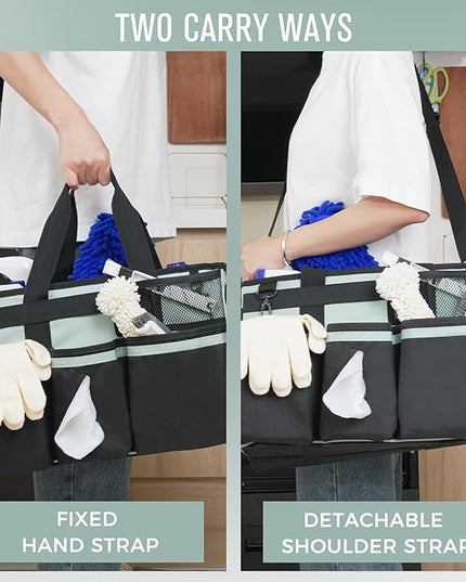 Wearable Cleaning Caddy, Cleaning Caddy Supplies Organizer with Handle & Shoulder Straps for Housekeepers, Under Sink & Car Cleaning Tool Organizers Bag with 4 Foldable Divider (Celadon)