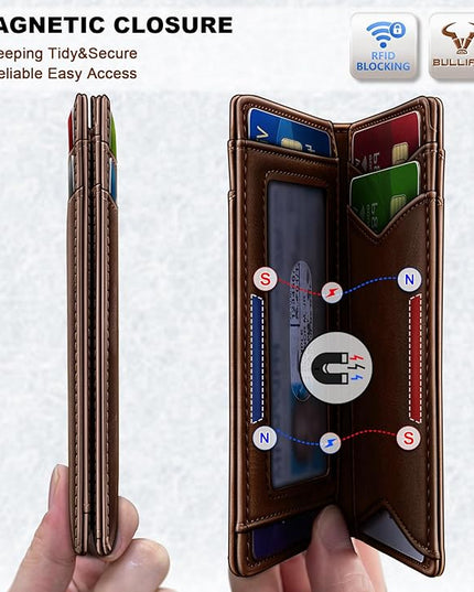 BULLIANT Men Wallet,Top Grain Leather Slim Wallet Magnetic Closure Simplifed Bill Folder RFID Blocking 11Cards