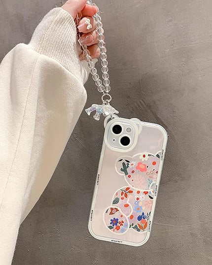 for iPhone 15 Pro Case Clear Cute Flower Bear with Pearl Chain for Girls with Bear Ears Soft TPU Shockproof Protective Girly -Flower Bear