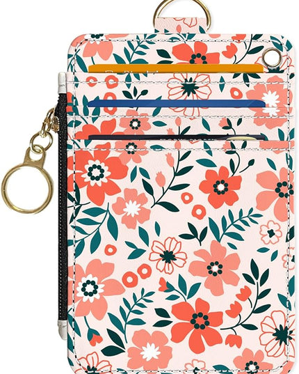 Slim Wallet Credit Card Holder, Orange Floral Print X, RFID Wallet Women Cute Small Front Pocket Wallet With Zipper, PU Leather Thin travel RFID Blocking Card Case ID Window,Ladies Gifts