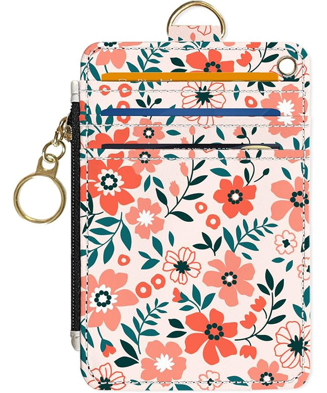 Slim Wallet Credit Card Holder, Orange Floral Print X, RFID Wallet Women Cute Small Front Pocket Wallet With Zipper, PU Leather Thin travel RFID Blocking Card Case ID Window,Ladies Gifts