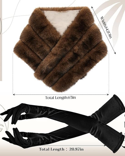 Zhanmai 2 Pcs Winter Long Shawl Cloak Stretchy Glove Opera Bridal Dance Gloves for Women Dress Party Coat