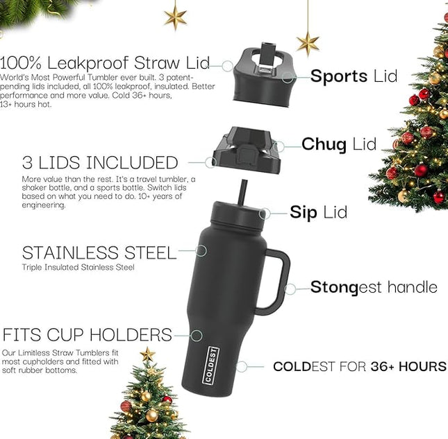 Coldest Tumbler with Handle and Straw - 100% Leak Proof Insulated Tumbler with Lid and Straw (3 Lids) - Stainless Steel Tumblers for Women & Men - Cup Holder Friendly Base, 36 oz (Stealth Black)