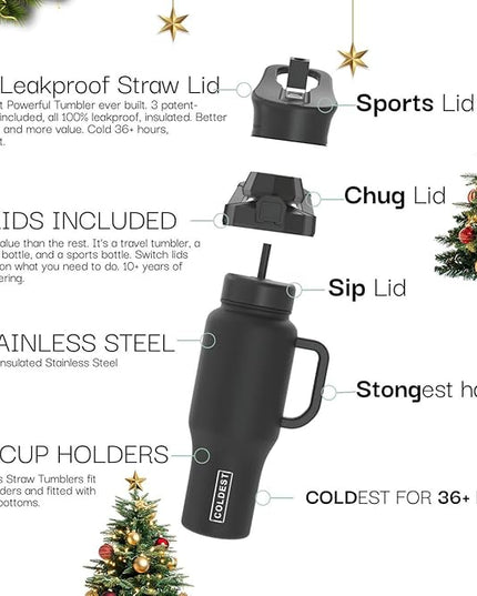 Coldest Tumbler with Handle and Straw - 100% Spill Proof Tumbler with Straw (3 Lids) - Stainless Steel Insulated Leakproof Tumblers for Women & Men - Cup Holder Friendly - 36 oz (Tinsel Nova)