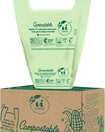 UNNI Compostable T-Shirt Bags with Tie Handles, 1.6 Gallon / 6 Liter, 100 Count, 0.64 mil Small Kitchen Caddy Liners, Certified by BPI, CMA & OK compost HOME, Meets ASTM D6400