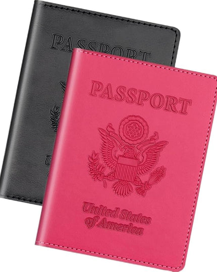 Passport Holder 2Pcs, Passport Cover Wallet Case for Women Men Family, Passports Book Holders Travel Must Haves Cruise Ship Essentials (Black & Rose Red)