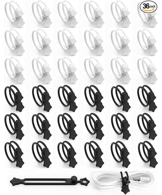 36-Pack Silicone Cable Ties, Reusable Cord Organizer Straps With 2 Binding Methos, Durable & Stretchable Wire Management for Home, Office, Travel (Black&White)