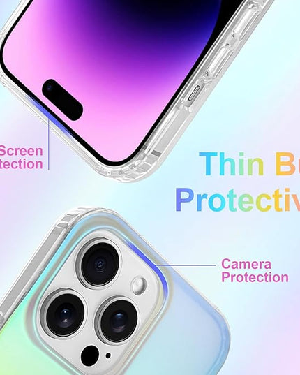 Cute Case for iPhone 14 Pro Case for Women Girls [Compatible with Magsafe] Aesthetic Girly Glitter Bling Rainbow Magnetic Protective Phone Cover, Translucent Iridescent Blue & Pink