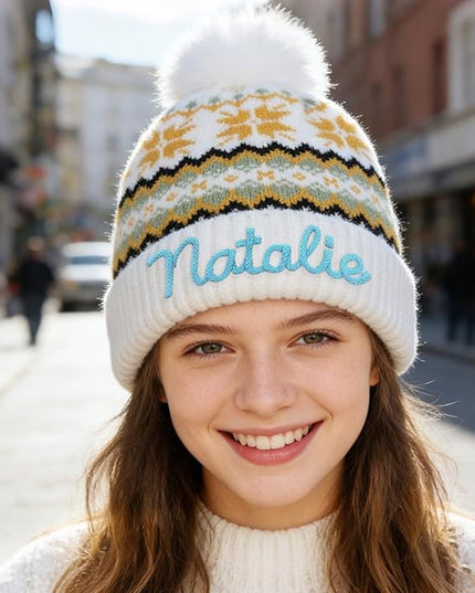 Personalized Beanie for Women Custom Knit with Name, Winter Hat with Pom Pom, Soft Lined Warm Hat, Birthday Gift