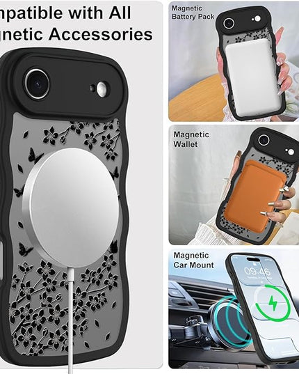 Wavy Case for iPhone Air Case with Stand [Compatible with MagSafe] Cute Black Cat & Floral & Butterflies Pattern Design, Kawaii 360 Magnetic Ring Kickstand Phone Cover for Women Girls