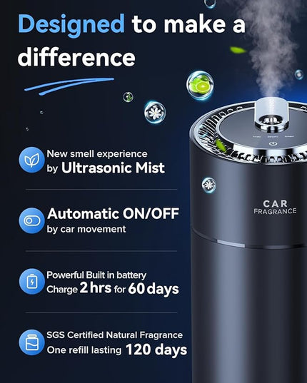 Ceeniu Smart Car Air Fresheners, New smell experience by Ultrasonic mist, Auto On/Off, Powerful Built-in Battery, Long lasting natural fragrance, Adjustable car freshener, Bamboo scent