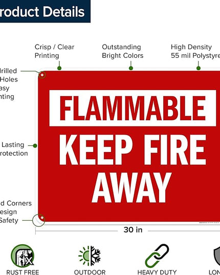 Flammable Keep Fire Away Sign, 24x30 Inches, 55 mil thick HDPS (high density polystyrene), Made in USA by My Sign Center