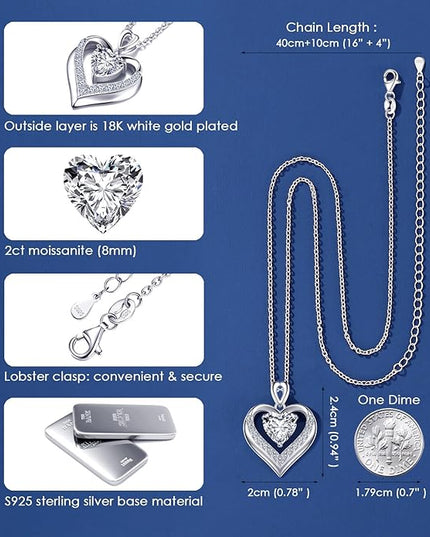 Beam & Bask 2-3 Ct Moissanite Double Heart Pendant Necklaces for Wife, 18K Gold Plated S925 Silver Jewelry for Women Girlfriend Mom Her on Anniversary Birthday