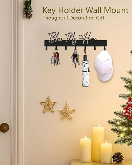 ShowMtheM Exquisite Fashion Phrase Key Holder Wall Mount,Bless My Home Key Kooks for Wall Decoration,Black Metal Key Hanger with 7 Kooks for Entryway,Office,Living Room Decor