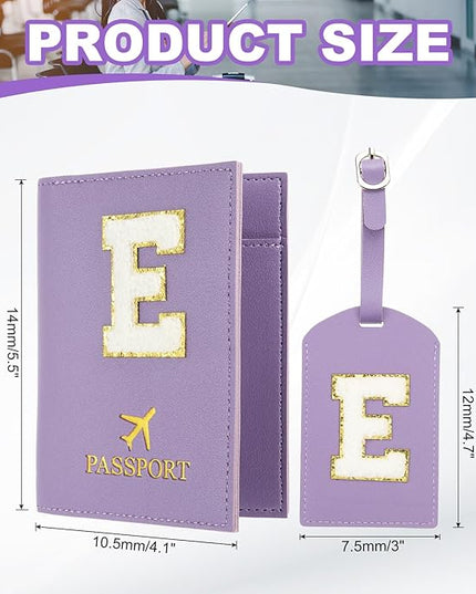PATIKIL Passport Holder for Travel, Initial Passport Cover and Luggage Tag Set with Alphabet Chenille Letter Patch Travel Wallet Bag Suitcase Identifier for Women Family Travel Purple E