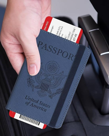 RSAquar Passport Holder for Women and Men, Premium PU Leather Travel Passport Wallet RFID Blocking Passport Cover Travel Documents Organizer (JD-Blue)