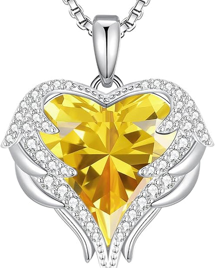 CDE Christmas Gifts for Women Angel Wings Necklace for Women with Birthstone, Love Heart Silver Tone/Gold Tone Pendant, Ideal Anniversary or Birthday Jewelry Gifts for Wife Girlfriend Her
