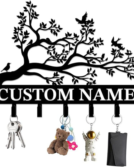 Personalized Custom Name Birds of Trees Wall Key Hooks,Metal Birds of Trees Art Clothes Hooks,Metal Birds of Trees Wall Home Storage Decorative,For Front Door, Hallway, Kitchen, Bedroom(Style B)