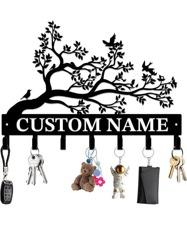 Personalized Custom Name Birds of Trees Wall Key Hooks,Metal Birds of Trees Art Clothes Hooks,Metal Birds of Trees Wall Home Storage Decorative,For Front Door, Hallway, Kitchen, Bedroom(Style B)