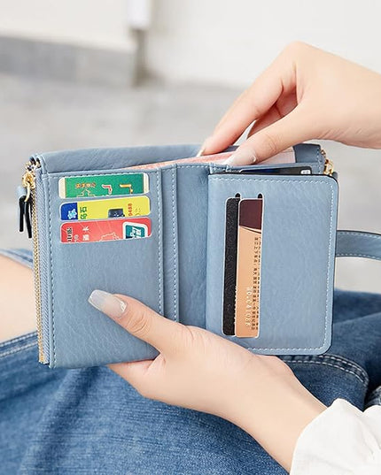 AOXONEL Women's Wallets Leather Wallets for Women Rfid Small Ladies Wallet Billfolds for Women,Trifold Mini Wallets for Women with Double Zipper Coin Pocket (Blue)