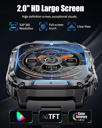 2.0" Military Smart Watch for Men with Flashlight, Make/Answer Calls, 1000mAh, IP68 Waterproof, 100+ Sport Modes Fitness Tracker for Workout Outdoor iOS Android Compatible, Black-Orange