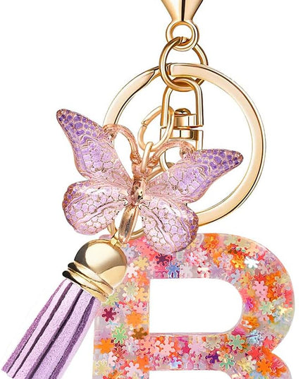 Fashion Alphabet Initial Letter Keychain Tassel Butterfly Pendant Key Ring for Purse Handbags Women Girl