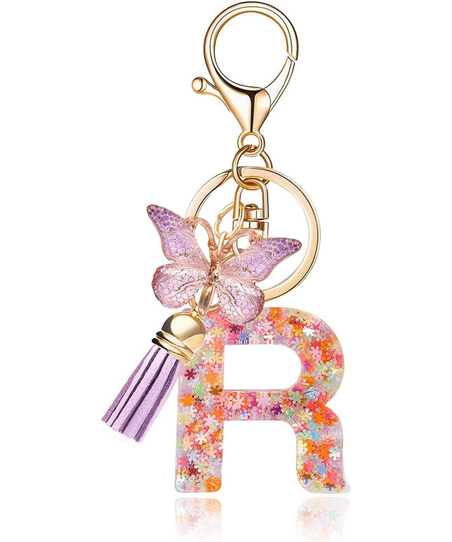 Fashion Alphabet Initial Letter Keychain Tassel Butterfly Pendant Key Ring for Purse Handbags Women Girl