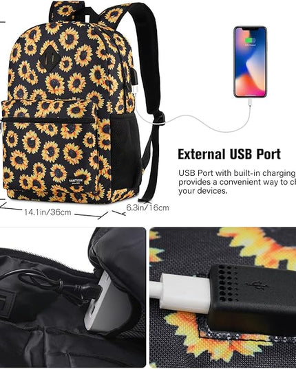 YAMTION School Backpack,Sunflower Bookbag Men and Teen Boy Schoolbag with USB Charging Port for High School College Office Work Travel