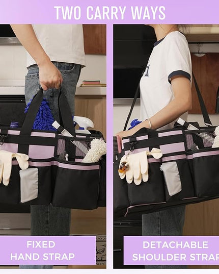 Wearable Cleaning Caddy, Cleaning Caddy Supplies Organizer with Handle & Shoulder Straps for Housekeepers, Under Sink & Car Cleaning Tool Organizers Bag with 4 Foldable Divider (Lilac)