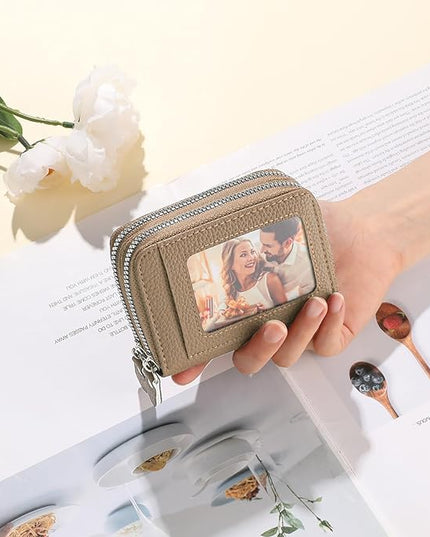 RNIEGA Credit Card Holder Wallet RFID Blocking Leather Small Wallet for Women Double Zipper Wallet with ID Window