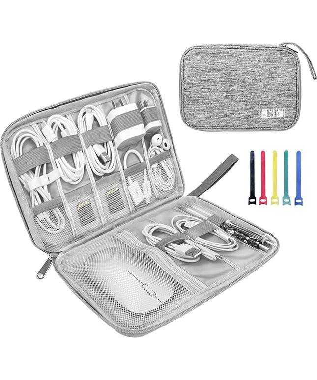 Electronics Organizer Travel Case,Electronic Accessories Storage Bag,Portable Waterproof Cable Organizer Bag,with 5 Cable Ties，for Travel,Work-Grey