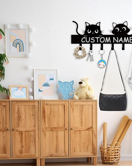 Personalized Metal Key Holder for Wall, Cat Key Holder Wall Mount, Custom Name Cat Coat Key Rack with Hook, Key Hanger Gifts for Cat Lovers, Cute Key Holder Organizer for Entryway Bedroom Decor