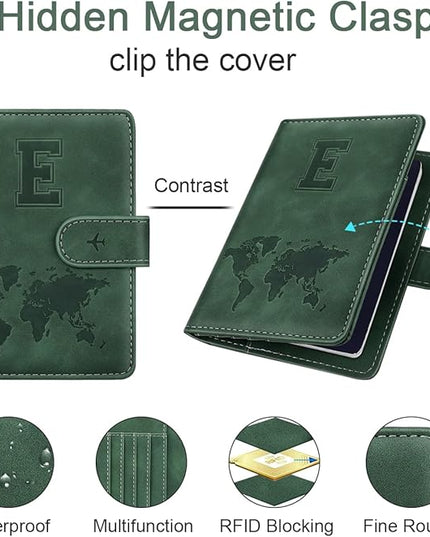 Personalized E Passport Holder Cover Initial Letter Travel Wallet RFID Blocking Passport Cover Credit Card Holder Case Passport Book Holders for Women and Men, Pine Green-E