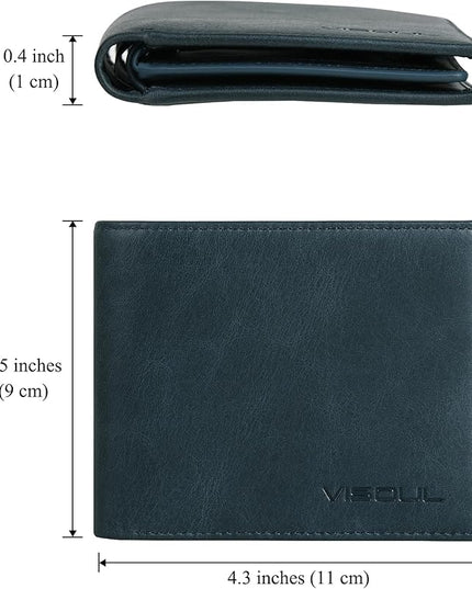 VISOUL Mens Bifold Leather RFID Blocking Wallet with 2 ID Windows, Soft Genuine Leather Card Holder Wallet with 2 Cash Compartments for Men (Dark Blue)