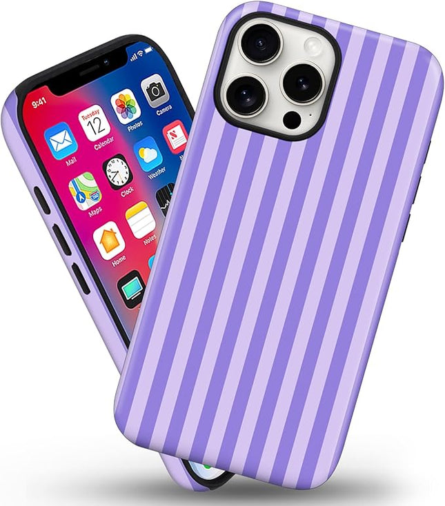 Magnetic for iPhone 14 Pro Case Cute Stripes Phone Case, Shockproof Slim TPU and Hard PC Protective Phone Cover Compatible with MagSafe Designed for Women Girls, Light Purple