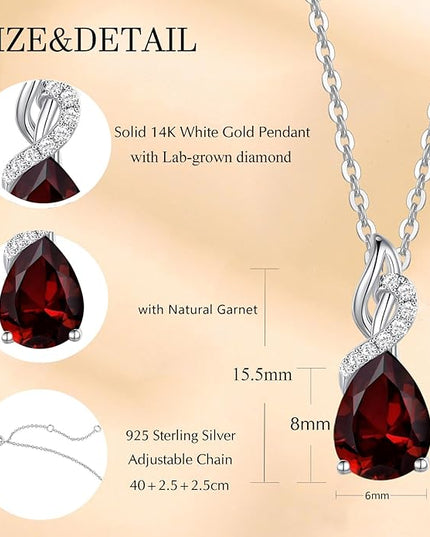 FANCIME 14K Solid White Gold Teardrop Pendant with Diamond Birthstone Necklace