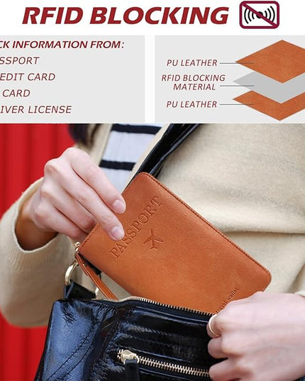 Passport Holder for Travel, Passport Holder Cover Wallet for Women Men With Rfid Blocking, PU Passport Book Card Holder Case - Travel Essentials Accessories Brown